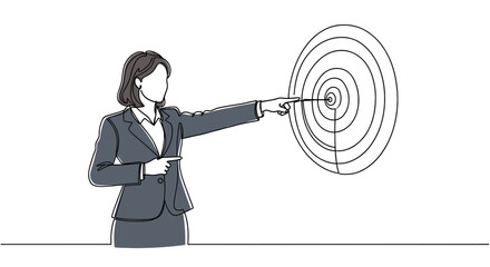 Businesswoman points to target on wall, demonstrating goal achievement. Target market, objective, marketing concept, bullseye precision