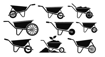 Collection of wheelbarrows in various shapes and styles. Gardening equipment, farming tools, manual labor, construction supplies.