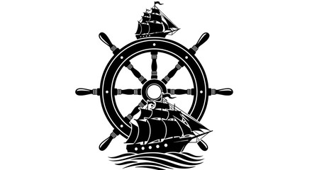 Ship wheel with sailing vessels, vintage emblem. Nautical, maritime, ocean, transportation, history, exploration