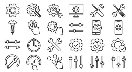 Set of line art icons depicts settings and adjustment tools. Control panel, settings, preferences, repair tools, customization.