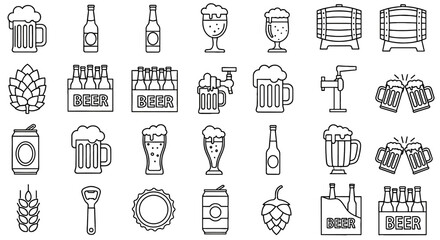 Collection of beer line icons, beer, beer related vector illustration in outline design. Alcohol beverages, brewery, bar