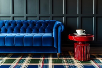 The stylish contemporary living room features bold contrasts of color and texture. The focal point is a luxurious royal blue velvet sofa with deep pleats, radiating luxury and comfort