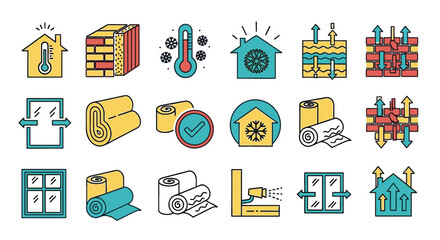 Set of vector icons about house insulation and energy efficiency. Home heating, thermal efficiency, home comfort, insulation, window, energy loss.