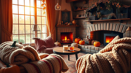 Ai generated image of cozy living room with fireplace and autumn decor