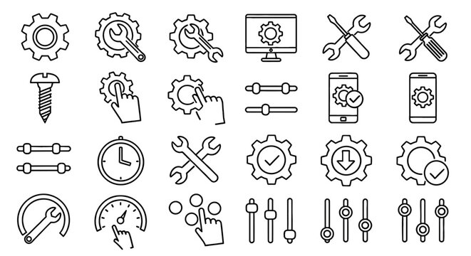 Set of line art icons depicts settings and adjustment tools. Control panel, settings, preferences, repair tools, customization.