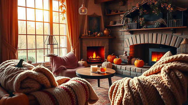 Ai generated image of cozy living room with fireplace and autumn decor