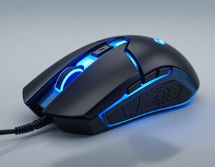 A close up shot of a black gaming mouse with blue led lighting on a light gray surface in a studio shot