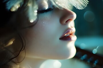 The woman's face shines like a lantern in the calm twilight. A sprinkling on the forehead, delicate thorns sparkling, the shape of a bird melting into vapor, open lips touched by rose-hued pollen