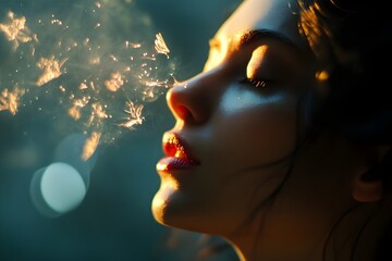 The woman's face shines like a lantern in the calm twilight. A sprinkling on the forehead, delicate thorns sparkling, the shape of a bird melting into vapor, open lips touched by rose-hued pollen