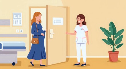 Pregnant Woman Greeted by a Friendly Nurse in a Medical Clinic Room