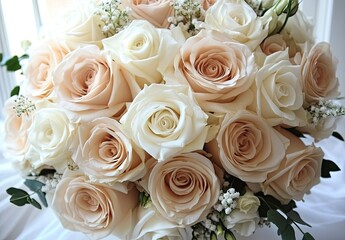 Obraz premium A close-up shot of the bouquet, showcasing delicate roses in various shades of beige and white
