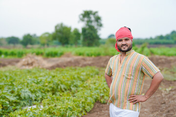 young indian farmer standing confidently at green agricultural field