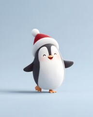 3D Cartoon Penguin Wearing Santa Hat on White Background &ndash; Christmas Holiday Mascot
