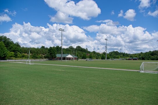 Wide shot of a soccer complex