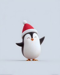 Fototapeta premium 3D Cartoon Penguin Wearing Santa Hat on White Background – Christmas Holiday Mascot