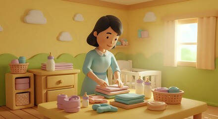 Cute 3d Mother Character Folding Clothes in a Warm Pastel Nursery