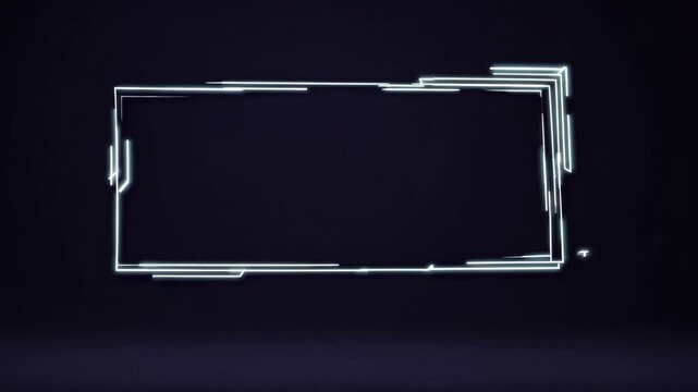 A futuristic neon rectangular frame with glowing lines against a dark background