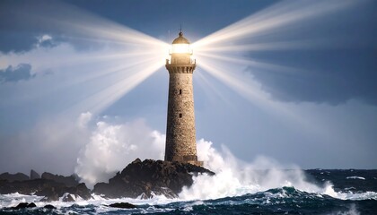 Bright lighthouse beam cutting through fog illuminates rocky coast at dusk, guiding ships safely home