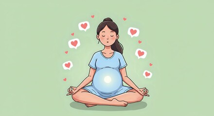 Calm Pregnant Woman Meditating with Love Hearts on a Green Background