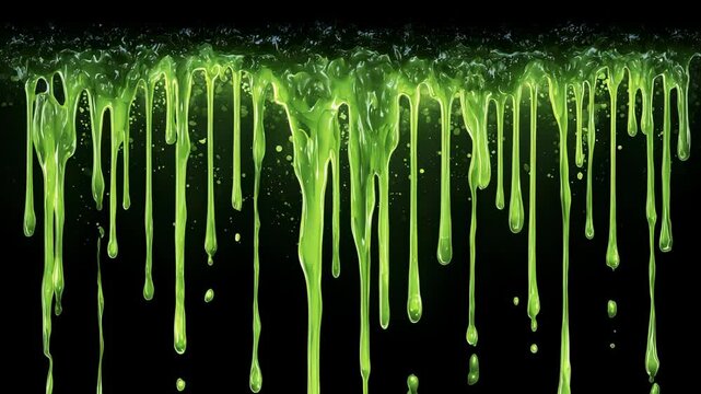 Green slime dripping from top on black background with glossy texture and horror party decoration look