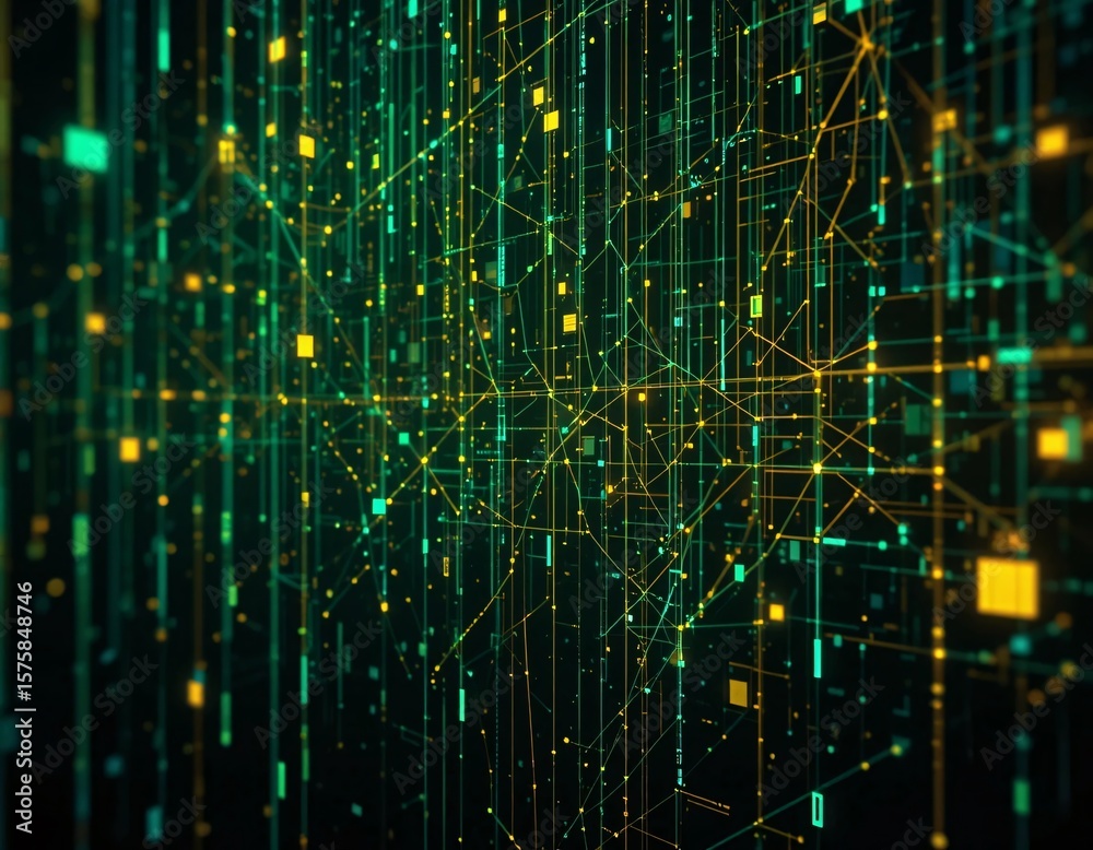 Poster abstract digital network with green and yellow lines and squares on a dark background creating a fut