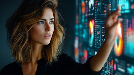 Female Tech Professional Interacting with Futuristic Data Interface - Innovation, Analytics, and Digital Transformation Concept.