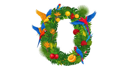 Vector tropical letter o design with parrots and exotic fruits vector illustration for decoration and design
