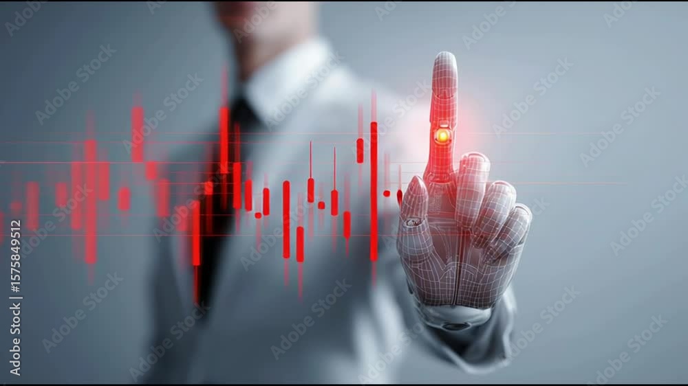 Poster man in suit pointing at red line illustrating business ai alert system concept with focus on market 