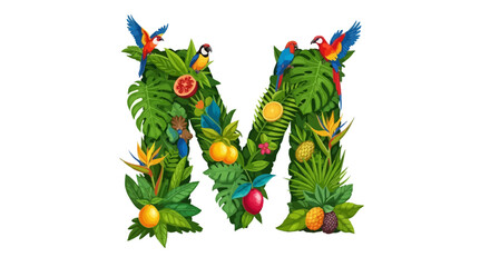 Vector letter m tropical alphabet font with parrots and exotic fruits and leaves illustration vector design