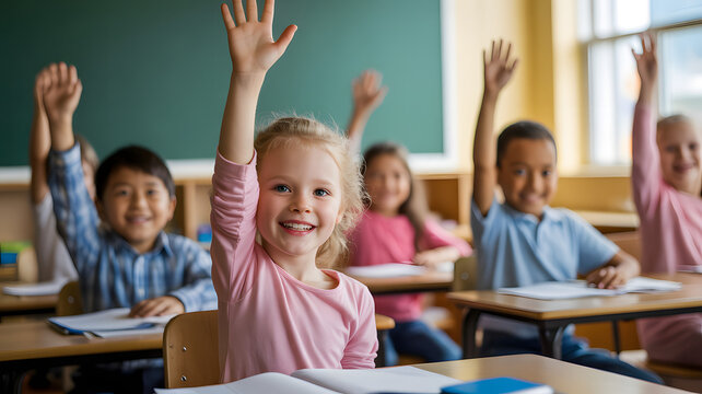 Smiling students raise hands in a classroom, eager to answer questions during elementary school lessons with desks and a chalkboard.