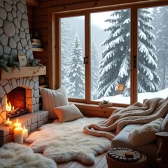 Scandinavian winter living room with fireplace and fluffy carpet. AI generative.