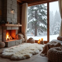 Scandinavian winter living room with fireplace and fluffy carpet. AI generative.