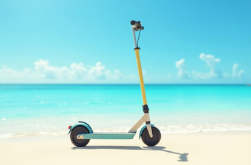 A colorful electric scooter stands on a sandy beach near the ocean. The sky is clear with a few clouds creating a bright and sunny atmosphere.