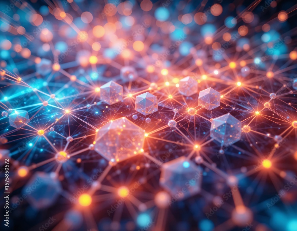 Poster abstract network with glowing nodes and geometric shapes in blue and orange color scheme background