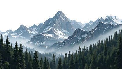 Obraz premium Realistic Mountain Range with Pine Forest – Isolated Wilderness Landscape PNG