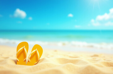 Yellow flip-flops on sandy beach with clear blue ocean and sky in the background. Ideal for summer vacation themes.