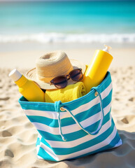 A beach bag filled with a straw hat, yellow towels and sunscreen bottles rests on the sand near the turquoise ocean.