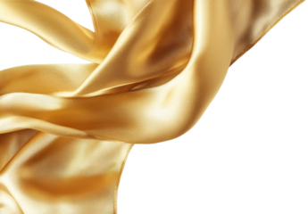 Golden silky fabric drapes elegantly on the transparent background in this close-up shot.