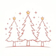 Three stylized Christmas trees, against a white background, creating a whimsical, hand-drawn aesthetic. Christmas card or a simple graphic design element. Flat design, cartoonish, line art, outline