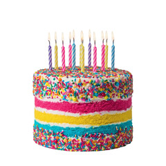 A vibrant birthday cake adorned with colorful sprinkles and lit candles, ready for a festive celebration, isolated on a transparent background