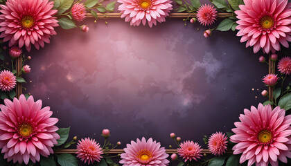 Symmetrical Floral Border of Pink Flowers Over Purple Gradient Sky – Decorative Still Life Representing Elegance, Whimsy, and Atmospheric Framing