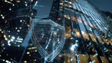 Digital security shield illuminates a futuristic city skyline at night showcasing advanced technology and protection - Powered by Adobe