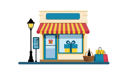 Charming storefront with awning gifts shopping bags and street lamp isolated on transparent background
