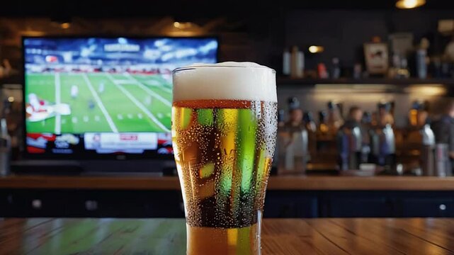 Cold beer glass on bar counter watching football game on tv