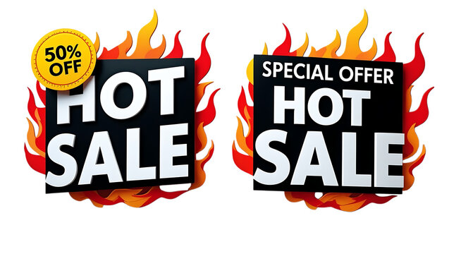 Hot sale special offer with 50 percent off and flames isolated on transparent background