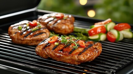 Delicious Grilled Meat and Colorful Vegetables on Outdoor B B Q Grill
