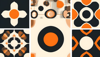 Set of Five Geometric Icon Designs Featuring Circles, Crosses, and Floral Patterns in Black, White, and Orange – Abstract Symbol Collection Representing Balance, Structure, and Modern Symbolism