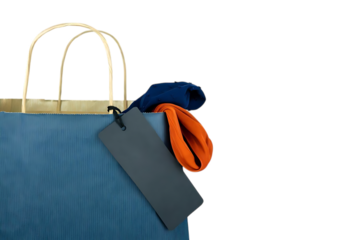 Blue shopping bag with orange and blue fabric and a grey tag isolated on transparent background
