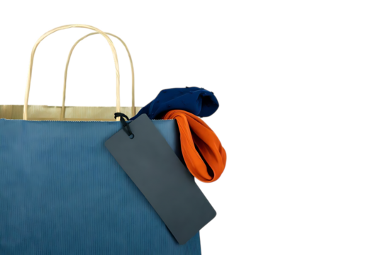 Blue shopping bag with orange and blue fabric and a grey tag isolated on transparent background