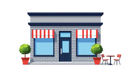 Charming brick storefront with striped awnings and outdoor seating isolated on transparent background